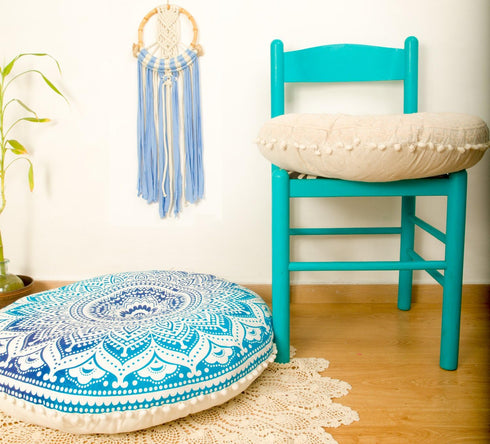Bohemian Round Floor Cushion Cover for Yoga and Meditation - Handcrafted Organic Cotton Pouf