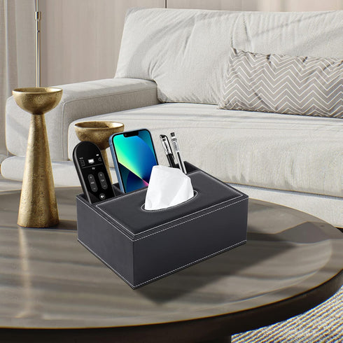 Multifunction PU Leather Tissue Box Cover, Black Rectangular Storage Box for Napkins, Remote Control, Desk Organizer