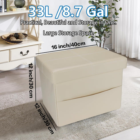 16 inch (Beige-2) AmasSmile Storage Ottoman Folding Foot Rest Stool with Side Pocket, Leather Footstool Bench, Short