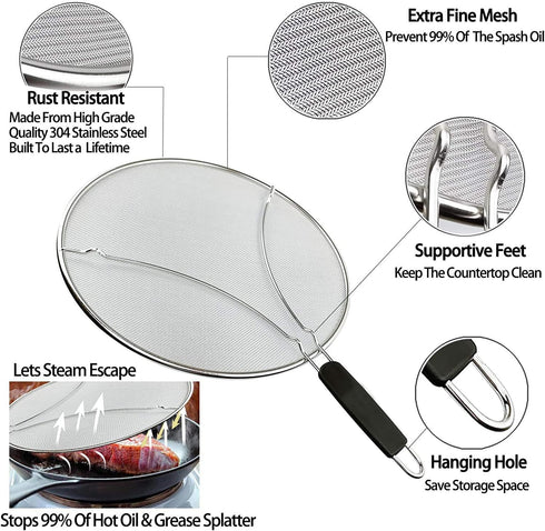 Large Splatter Screen for Frying Pan, 15 Inch Stainless Steel Grease Splatter Guard, Mesh Frying Screen for Kitchen