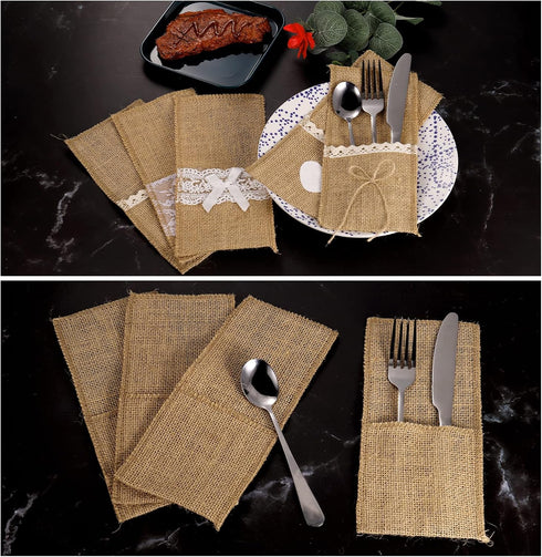 uxcell Burlap Lace Utensil Holders, 10Pcs Knife Forks Napkin Silverware Holder Bag for Wedding Party Decoration