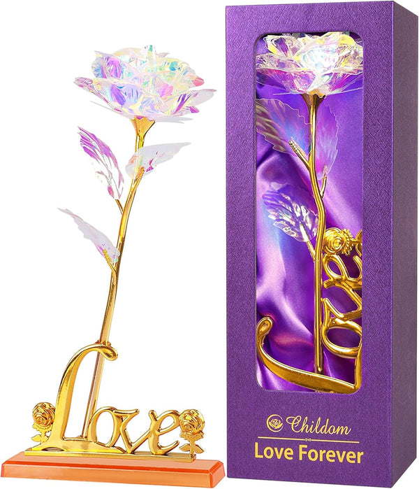 Childom Birthday Gifts for Women - Christmas Rainbow Rose with Love Stand for Mom, Grandma, Wife - Sweet Artificial