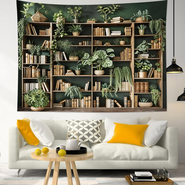 HVEST Green Plant Bookshelf Tapestry Book on Bookshelf and Plant Potted Tapestry