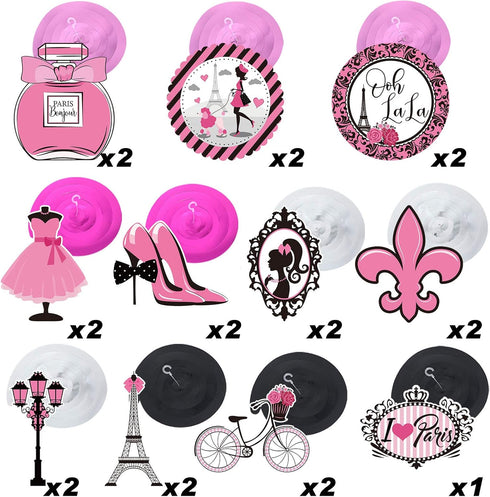 30 Pieces Paris Party Hanging Swirls Decorations, Pink Eiffel Tower & High Heels for Birthday Theme Supplies