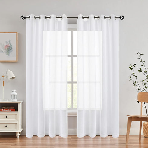 Snow White Linen Sheer Curtain Panel - 72" Long Faux Linen Window Treatment Drape, Sets of 2, 54x72 Inch