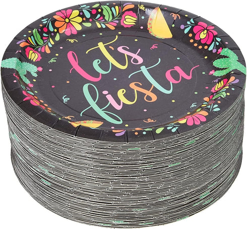 80 Pack Let's Fiesta Party Plates - 7 inch Decorative Dinnerware for Special Occasions (Black)