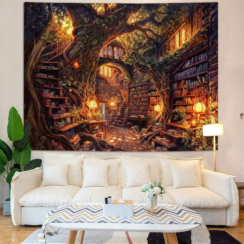 Accnicc 60 44 inch Forest Library Tapestry Tree Bookshelf Tapestries Wall Hanging Vintage Fantasy Fairy Treehouse Book