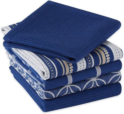 DII Assorted Woven Kitchen Set, 5 Piece, Nautical Blue, Dishtowel 18x28, Dishcloth 13x13