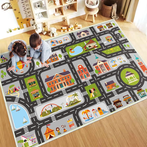 Kids Carpet Car Rug Play Mat - 2.6'x4' Road Rug for Kids, City Life Educational Area Rug with Non-Slip Race Track (Gray)
