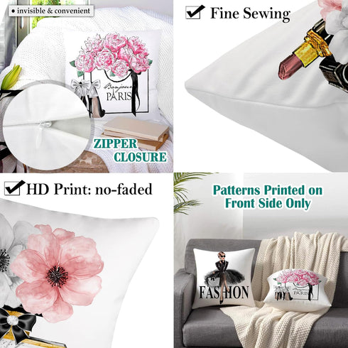 Set of 4 Pink Throw Pillow Covers 18x18 – Cute Decorative Pillow Covers with Pink Flower, Gold Perfume, Lipstick, Soft