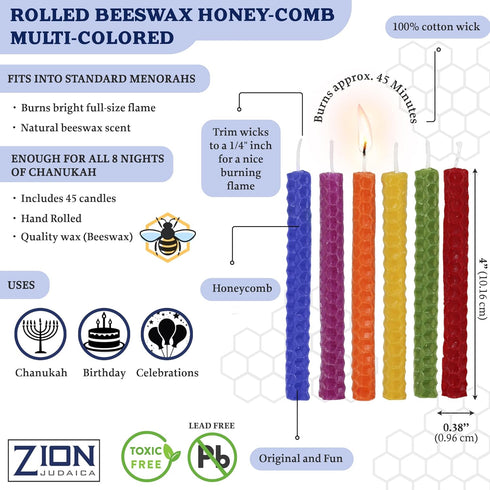 Natural Beeswax Hanukkah Candles, Sweet Scented Aroma Candle Set of 45 Multicolored Chanukah Candles by Zion Judaica