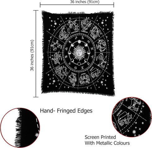 Indian Consigners Zodiac Altar Cloth for Witchcraft Tarot Spread, 36 by 36 Spiritual Square Cloth Galaxy (Zodiac Silver)