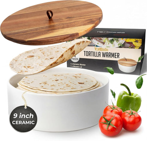Tortillada - Tortilla Warmer Ceramic with Lid 9 Inch, Bread Warmer, Pancake