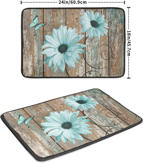 Rustic Daisy Dish Drying Mat for Kitchen Countertop 18x24 inch Fall Teal Sunflowers on Wooden Board Dish Drainer Mats Fast Drying Country Vintage Style Shabby Chic Flower Dish Drying Pad Decor Large