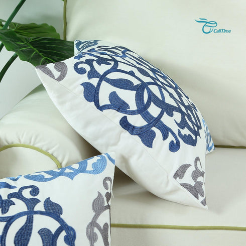 CaliTime Throw Pillow Cases, Pack of 2, Cotton Vintage Compass Geometric Floral Embroidered Cushion Covers, 20 x 20