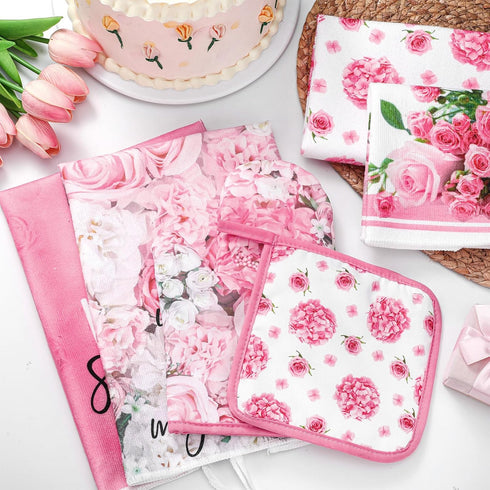Leinuosen 8 Sets Sets Pcs Pink Rose Kitchen Towels and Dishcloths Oven Mitts and Pot Holders Absorbent Kitchen Gloves