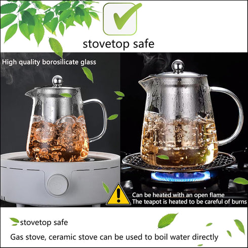 MJZQCD Glass Teapot (32oz/950ml) with Removable Stainless Steel Infuser, Transparent Stovetop Tea Kettle for Blooming