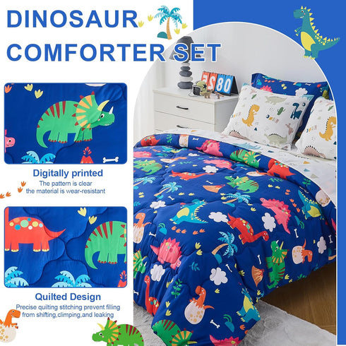 7 Set 3D Set Set, Wajade Piece Kid Boys Dinosaur Comforter Twin Size Blue Dinosaur Wild Park Jungle Print Bedding