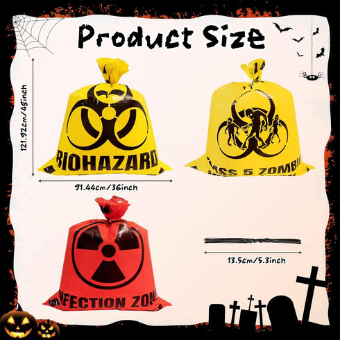 CNhoqc 6Pcs Halloween Lawn Trash Bags - Zombie Warning Reusable Waste Bags with Twist Ties, Fallen Leaf Grass Clipping