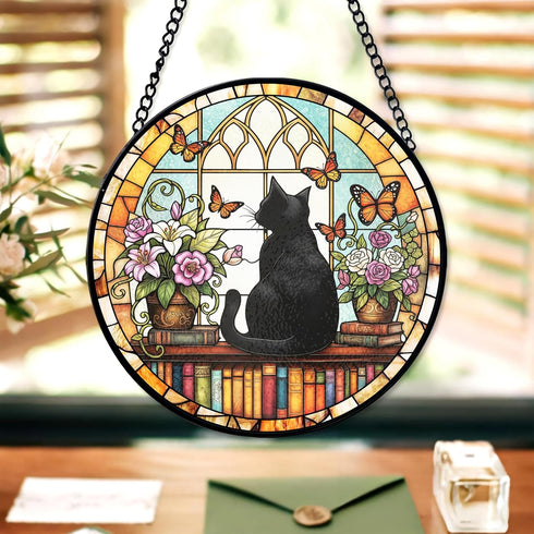 FIVITY 7.8" Black Cat Suncatcher Stained Glass Window Hanging Bookshelf Sun Catchers Book Lover Ornament Wall Art Home
