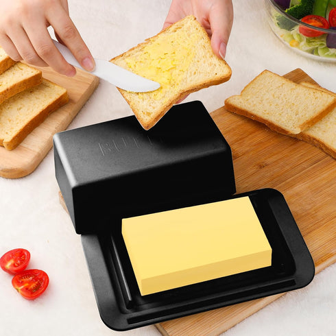 Countertop Bamboo Butter Dish with Lid & Knife - Large Capacity Butter Keeper for & Fridge, Compatible with East