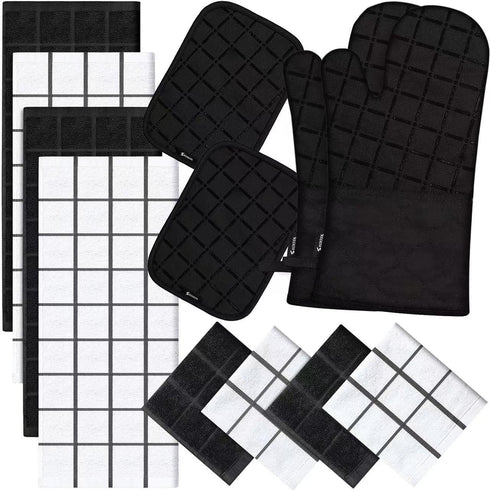 Oven Mitts, Kitchen Towels, and Dishcloths Set, 500 Degree Heat Resistant Potholders with Non-Slip Silicone Surface