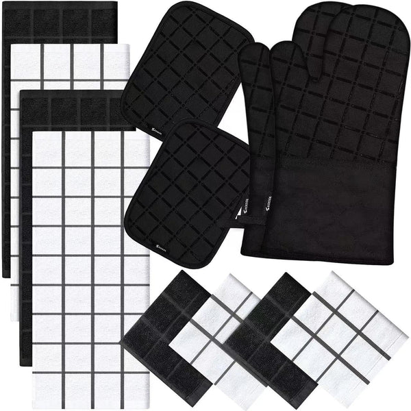 Oven Mitts, Kitchen Towels, and Dishcloths Set, 500 Degree Heat Resistant Potholders with Non-Slip Silicone Surface