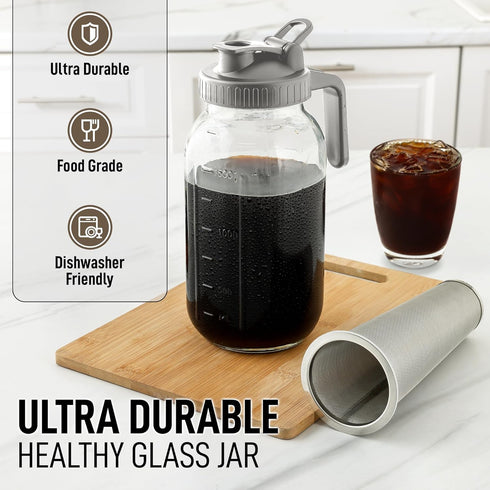 Zulay Premium Cold Brew Coffee Maker, 64oz Mason Jar Pitcher with Extra-Thick Glass & Stainless Steel Filter