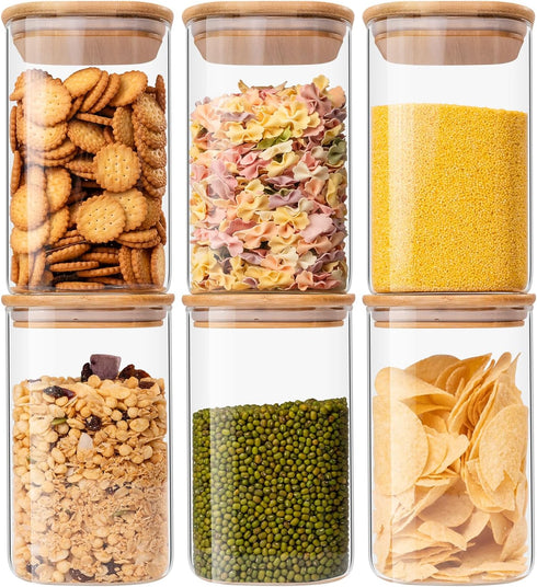 Glass Food Storage Jars 37 oz Set of 6 - Clear Glass Containers with Bamboo Lid Airtight for Tea, Coffee, Sugar