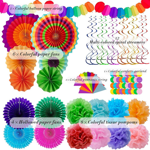 Huryfox 33pcs Fiesta Party Decorations - Colorful Mexican Themed Hanging Paper Fans, Pom Poms, and Streamers