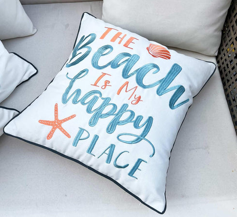 Embroidered The Beach is My Happy Place Throw Pillow Cover, Square 18 inches Decorative Canvas Cover with Pattern