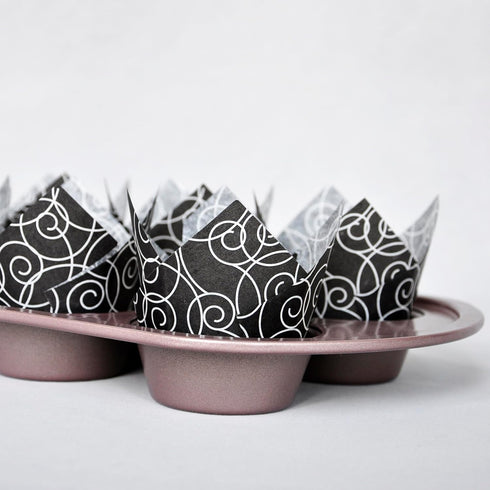 Muffin Greaseproof Paper Baking Cups, 2" x 3-1/2" Black Fancy Floral Print Tulip Baking Cup Case of 125 pcs
