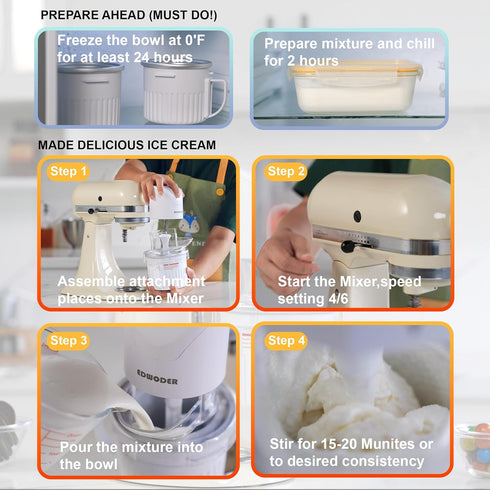 EDWODER Sorbet,Frozen TWO BOWLS Ice Cream Maker Attachment for All KitchenAid Stand Mixer, Makes Homemade Ice Cream