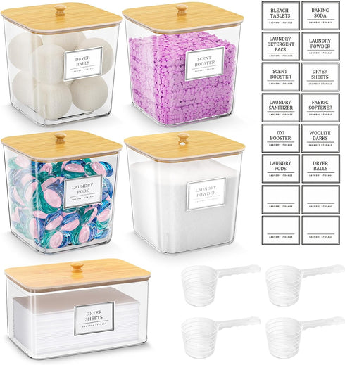 HomePekite 4+1 Pack Laundry Room Organization Containers,Clear Laundry Pods Container,Large Laundry Detergent Powder