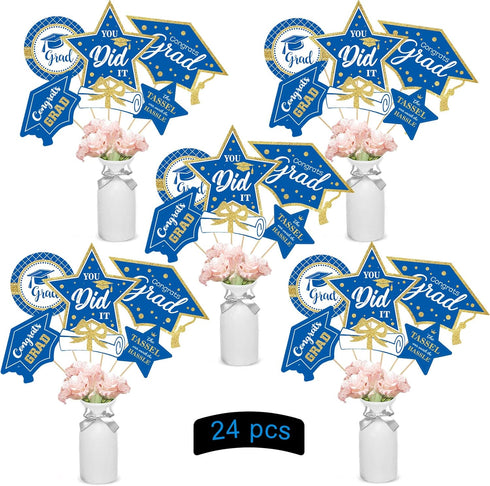 Blue and Gold Graduation Decorations Set of 24 - Class of 2025 Table Decor, Congrats Grad Party Supplies