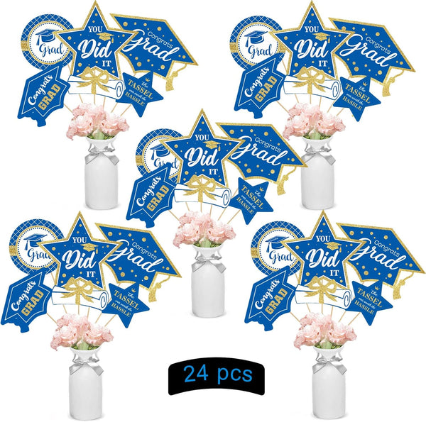 Blue and Gold Graduation Decorations Set of 24 - Class of 2025 Table Decor, Congrats Grad Party Supplies