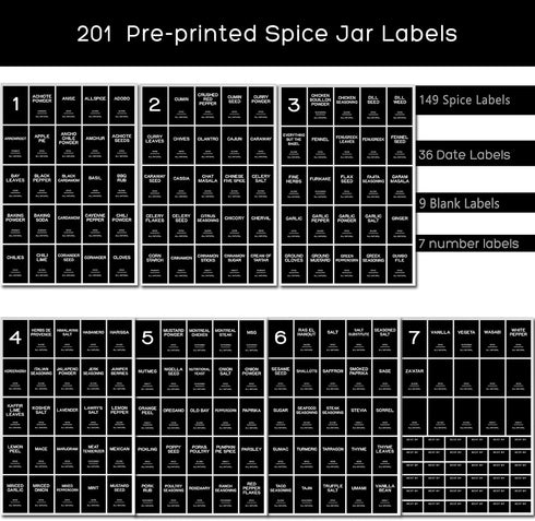 Kuocodall 201 Spice Jar Labels - Black Preprinted Minimalist Waterproof Stickers for Kitchen Jars, Herb & Seasoning
