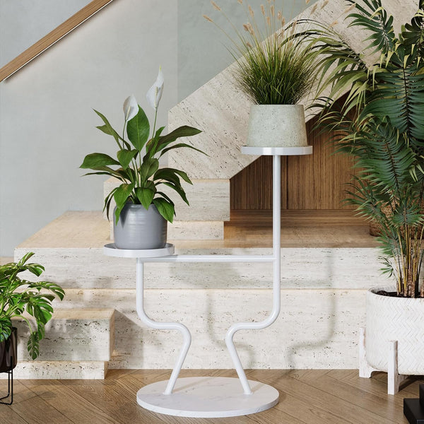 Modern Metal Plant Stand Indoor, 2-Tier Flower Holder with Marble Base, Tall