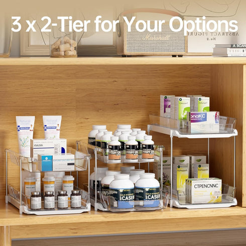 Delamu 2 Sets of 3-Tier Bathroom Under Sink Organizers, Stackable Pantry Storage, Clear Kitchen Cabinet Organizer
