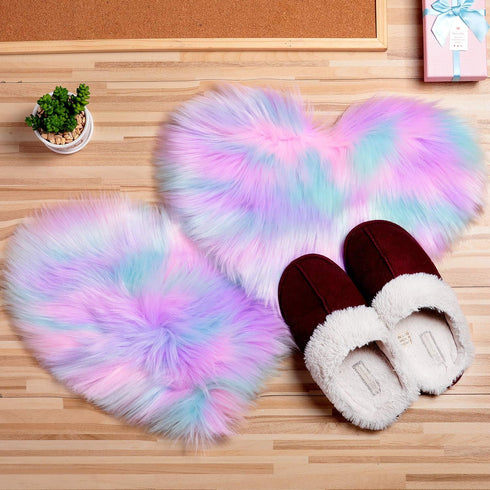 Mudder 2 Pieces Heart Shaped Rug, Faux Fluffy Carpet Door Mat for Bedroom, 12 x 16 Inch (Pink, Purple, Green)