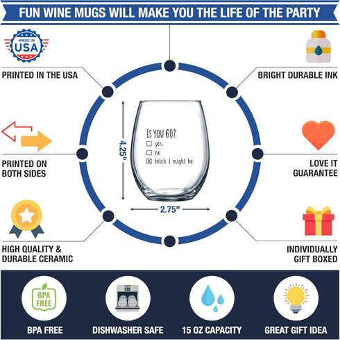 60th Birthday Gifts for Women and Men, Funny Wine Glass, 60 Year Old Party Supplies, 15oz