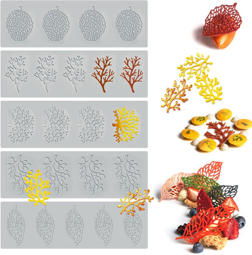 5PCS Leaf Silicone Baking Molds, 3D Coral Branch Tuile Lace Molds for Cake Decoration and Polymer Clay