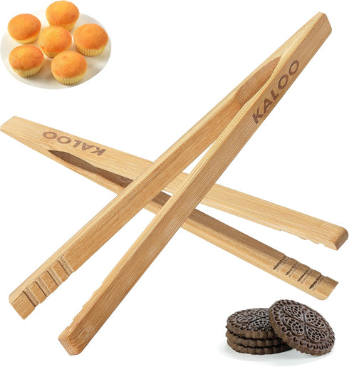 2PCS Reusable Toaster Tongs, Kaloo 8 inch Wooden Cooking Tongs, Multipurpose Bamboo Tongs for Fruits, Bread, Pickles