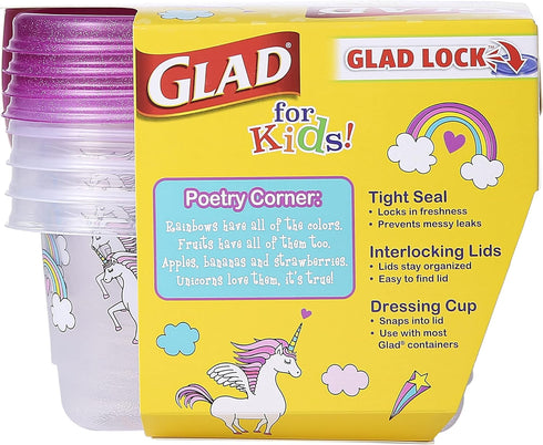 Glad for Kids GladWare Snack Containers with Unicorn Design | BPA-Free Plastic Food Storage, 24oz 4 Count with Dressing Cups | Microwave & Dishwasher Safe, Pink, Plastic