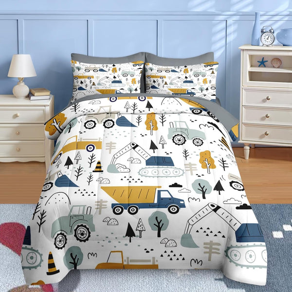 Nesker 5 Pcs Comforter Set Twin Size, Cute Cars Truck Tractor Bedding