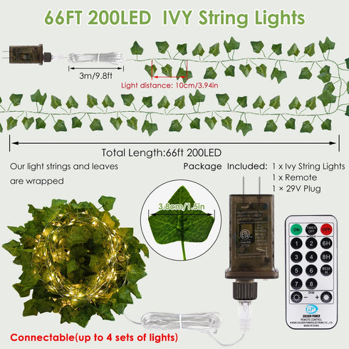 66FT 200 OMIKA Vine with Fairy Lights Plug in, LED Ivy String Lights Connectable with Remote, Leaf Light Waterproof