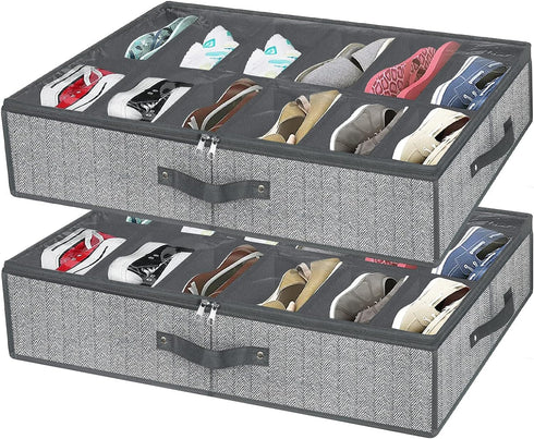 Under Bed Shoe Storage Organizer for Closet - Fits 24 Pairs, Set of 2 with Clear Cover (Herringbone Grey)