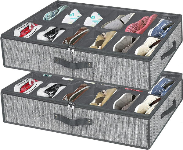 Under Bed Shoe Storage Organizer for Closet - Fits 24 Pairs, Set of 2 with Clear Cover (Herringbone Grey)