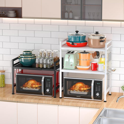 PUSDON Extendable Microwave Oven Rack, Adjustable Heavy Duty Kitchen Countertop Organizer, 2 Tier with 3 Hooks, Black