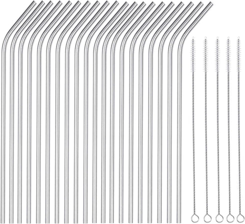 25 Piece Set of 8.5 Inch Long Stainless Steel Drinking Straws, Reusable Metal Straws for 20 OZ (20 Bent|5 Brushes)